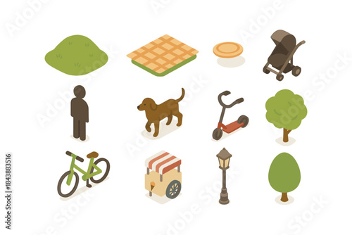 Urban park elements in isometric style: trees, bicycles, and more