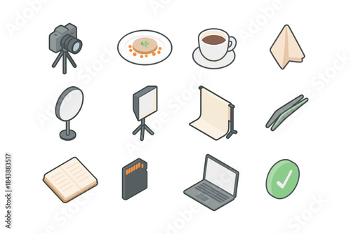 Isometric photography and dining equipment icons set for digital media projects