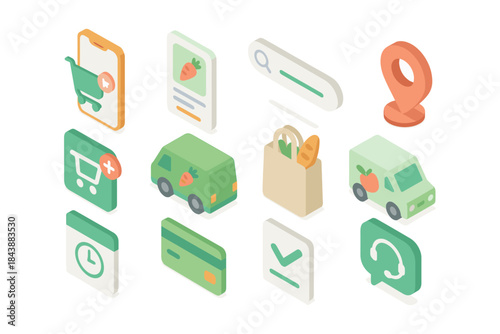 Isometric online grocery shopping icons set with cart, delivery, and search elements
