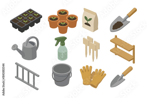 Isometric gardening tools and accessories for plant care and cultivation