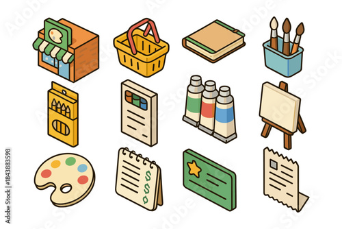 Creative art supplies collection: isometric icons of tools for painters and crafters