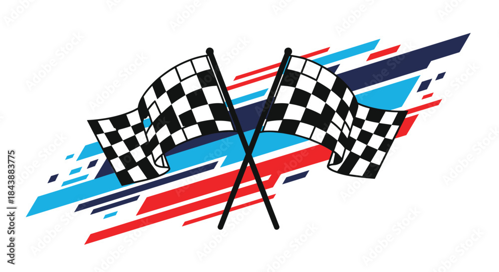 Fototapeta premium Dynamic illustration of two crossed black and white checkered flags, symbolizing racing, against an abstract red and blue background.