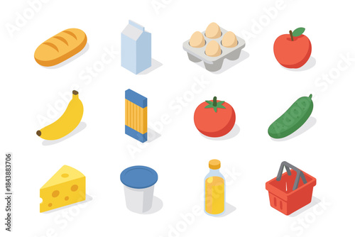 Essential groceries: isometric icons of everyday food items for modern designs