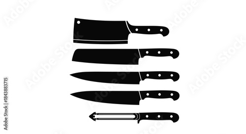 Set of black silhouettes of various kitchen knives, including a cleaver, santoku, chef's knife, and a peeler, on white.