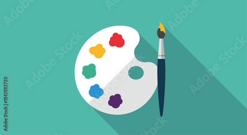 Colorful flat design icon of an artist's paint palette and a brush with a long shadow, set on a solid teal green background.