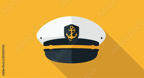 Flat design illustration of a white and navy blue captain's hat with a golden anchor emblem and long shadow on a yellow background.