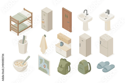 Isometric hostel essentials set: bunk bed, bathroom, kitchenware, and travel gear