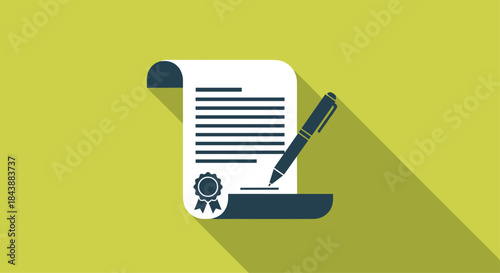 Flat design icon of a signed certificate or contract with a wax seal and a pen, casting a long shadow on a green background.