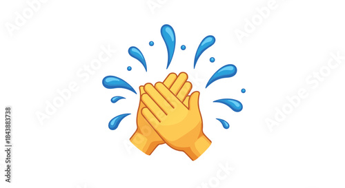 Simple emoji-style illustration of two yellow hands being washed or rinsed with splashing blue water, on a white background.