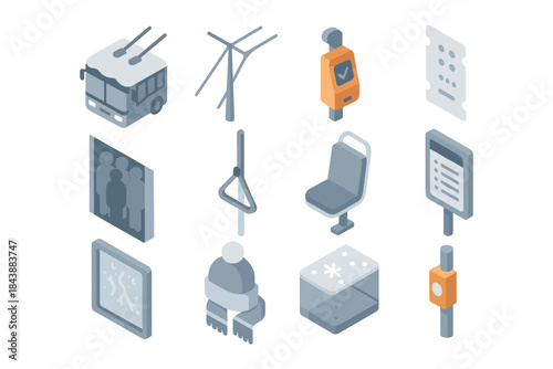 Isometric public transport objects collection with bus and ticket equipment