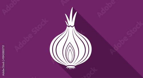 White silhouette icon of a halved onion, showing its internal layers, with a long diagonal shadow on a solid purple background.