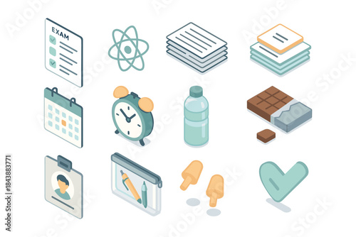 Isometric icon set: everyday essentials featuring office, food, and health items in soft pastels