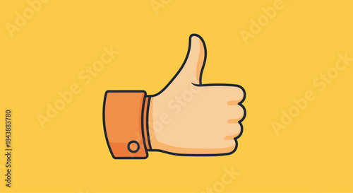 Cartoon illustration of a hand giving a thumbs-up gesture of approval, outlined in black, on a solid bright yellow background.