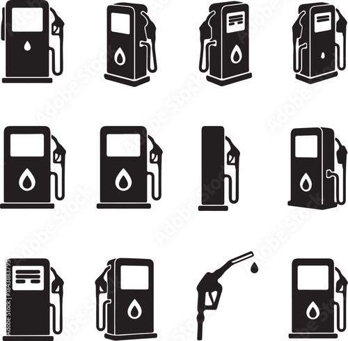 Collection of black and white gas pump fuel dispenser petrol station also transparent background