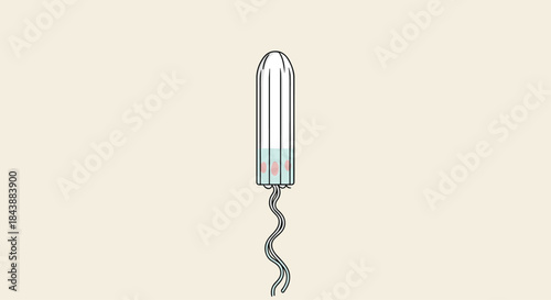 A simple line art illustration of a new, unused tampon with the string hanging down, on a light cream colored background.