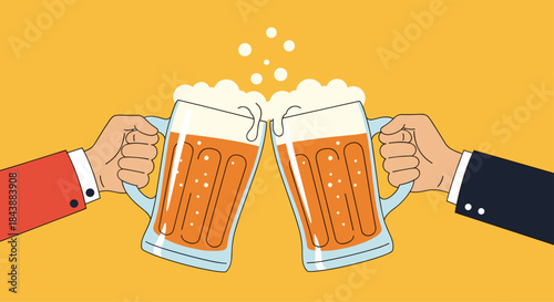 A retro cartoon illustration of two hands in business suits making a toast and clinking two large mugs of beer together.