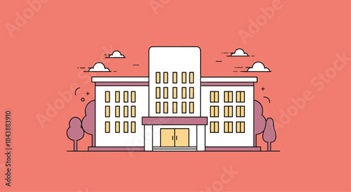 A flat design, line art illustration of a large school, university, or government building against a solid pink background.