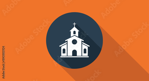 A simple white silhouette icon of a church building inside a dark circle, with a long shadow on a bright orange background.
