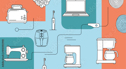 A modern line art illustration showing various home appliances connected by wires, against a colorful geometric background.