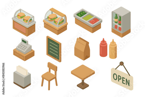 Isometric fast food icons: burgers, condiments, cash register, furniture, and open sign