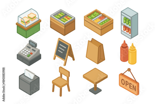 Isometric restaurant elements with open sign and furniture essentials