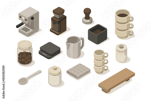 Isometric coffee essentials: modern kitchenware and brewing tools set