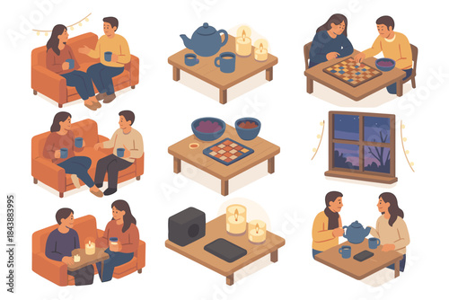 Cozy evening scenes at home with tea, board games, and candlelit ambiance