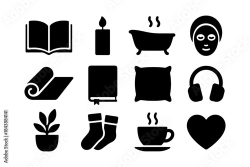 Set of wellness and relaxation silhouettes: book, candle, bathtub, face mask, and more