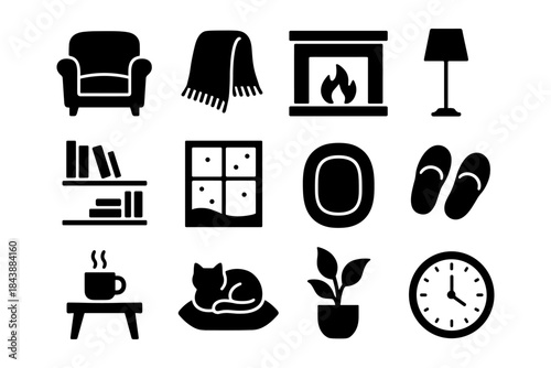 Cozy home essentials: silhouette icons of furniture, decor, and relaxation items for interior design