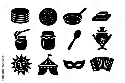 Silhouette icons of cooking utensils and cultural symbols in black and white design