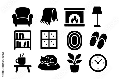 Cozy home elements in black silhouette design