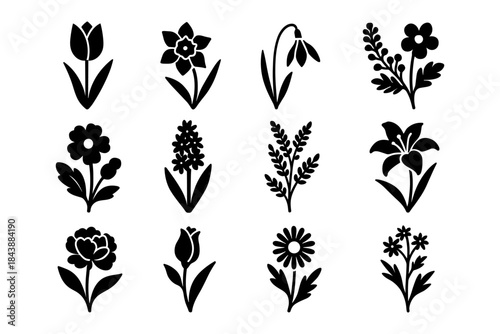 Elegant black silhouette floral icons for nature-inspired designs