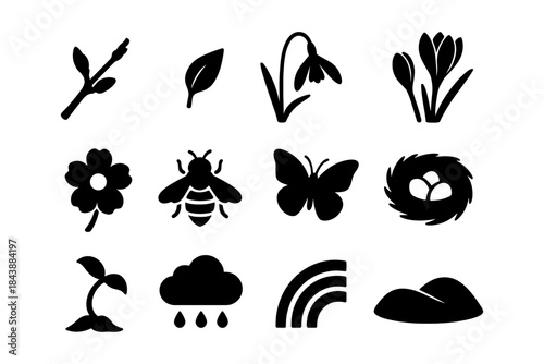 Spring nature silhouettes: flowers, animals, and weather icons
