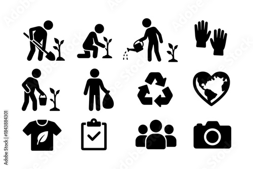 Eco activities and recycling icons: gardening, planting, waste management in silhouette style