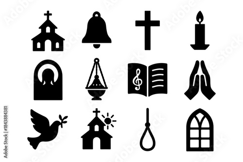 Set of silhouette religious symbols including church, cross, and dove