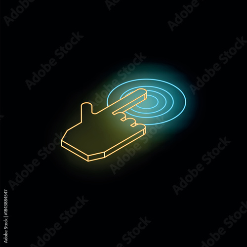 Neon yellow hand cursor is clicking a digital button with blue circles expanding from the point of contact