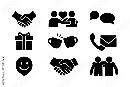 Business and communication icons: handshake, conversation, gift, phone, email, friendship