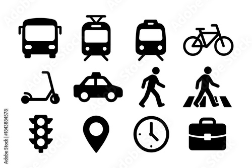 Urban transportation icons: mobility and commuter symbols in black silhouette style
