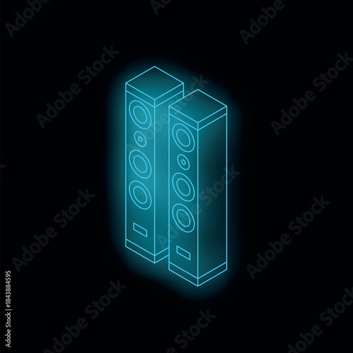 Pair of modern neon blue isometric stereo speakers glowing on black background, representing music, audio, and sound systems
