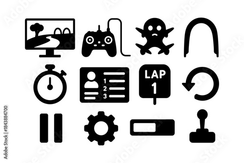 Retro racing icons set: silhouette game controllers, timers, and gear symbols