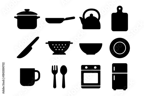 Kitchen essentials silhouette icons: pots, utensils, and appliances for modern design