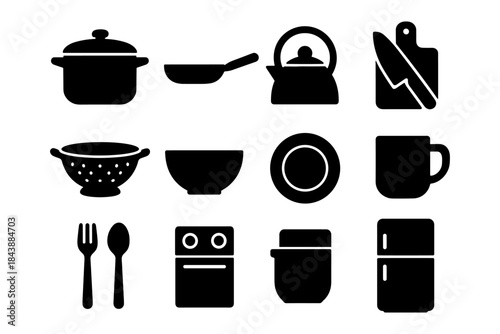 Essential kitchenware icons set featuring pots, pans, and appliances in modern silhouette style