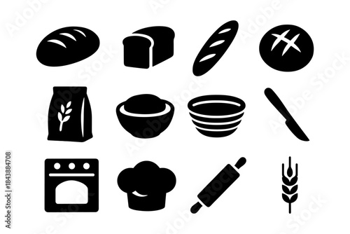 Baking essentials silhouette: bread, bowls, oven, and utensils in black icons set