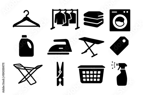 Silhouette icons of laundry essentials: hangers, ironing, clothing care