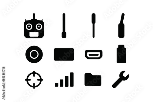 Silhouette icons set: tools, tech, gadgets, connectivity, maintenance