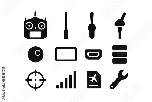 Drone controller icons set: tools, connectivity, and aviation symbols in monochrome silhouette
