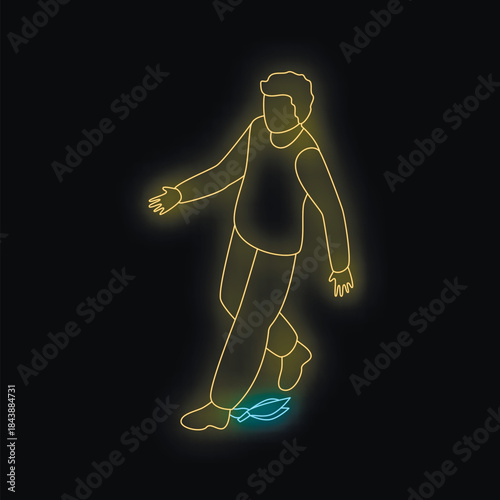 Neon illustration of a man slipping on a banana peel, representing danger, clumsiness, or a comical mishap