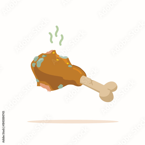Illustration of rotten chicken thigh in flat style, disease-carrying food isolated. A piece of moldy garbage. Leftover food.
