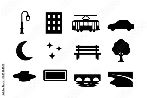 City essentials: urban icons in bold silhouette style for modern design