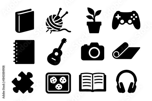 Silhouette icons of hobbies and interests: music, gaming, reading, and more